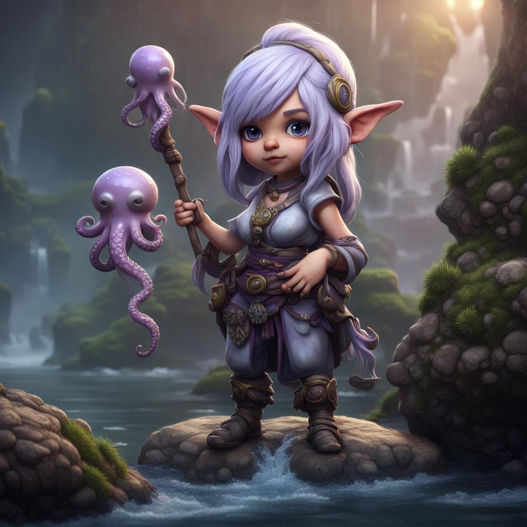 Gnome Druid Bard with Octopus, Detailed Fantasy Art