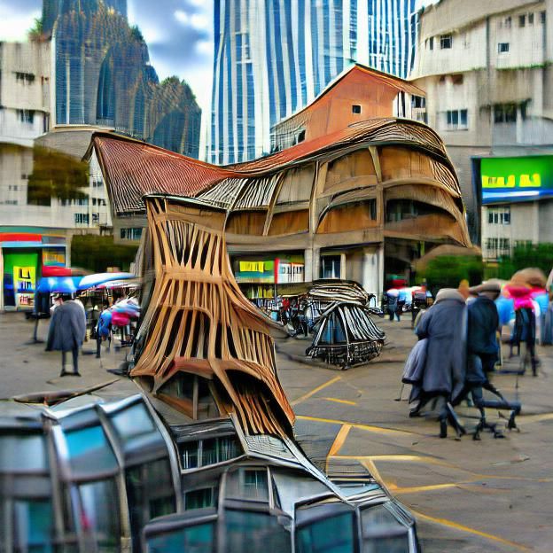 Warped Building in Anachronistic Market Scene
