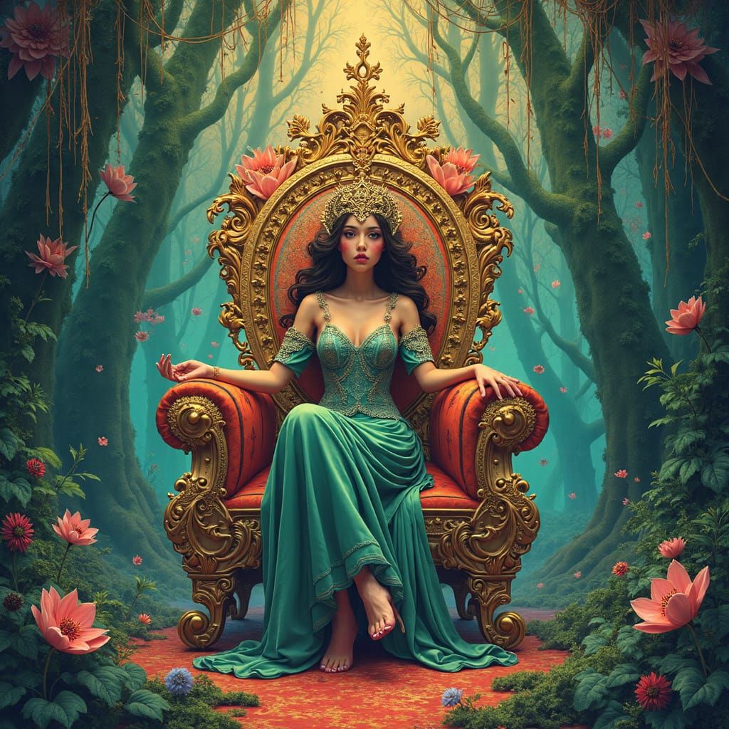 Art Deco Goddess on Throne in Ancient Forest