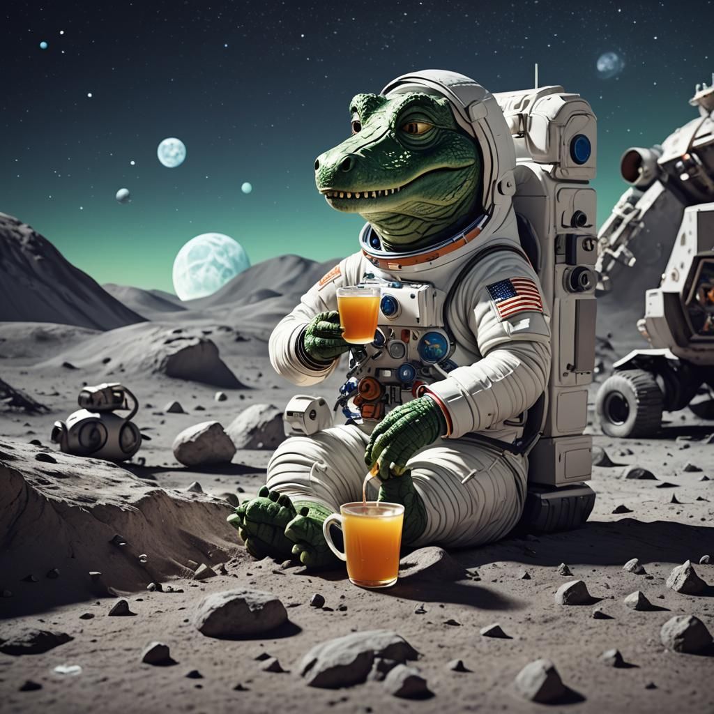 Astronaut Alligator Tea Party on the Moon in 3D