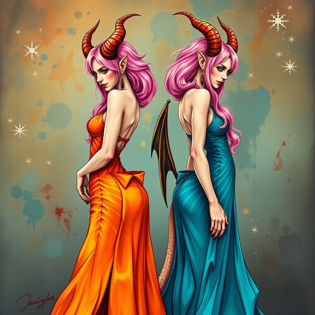 Pink-Haired Demons in Alcohol Ink Style