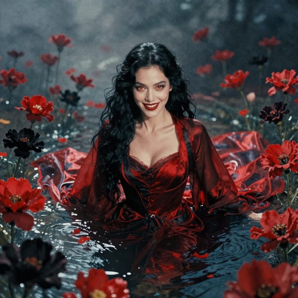 Woman in Red Black Gown Amidst Fantasy Flowers