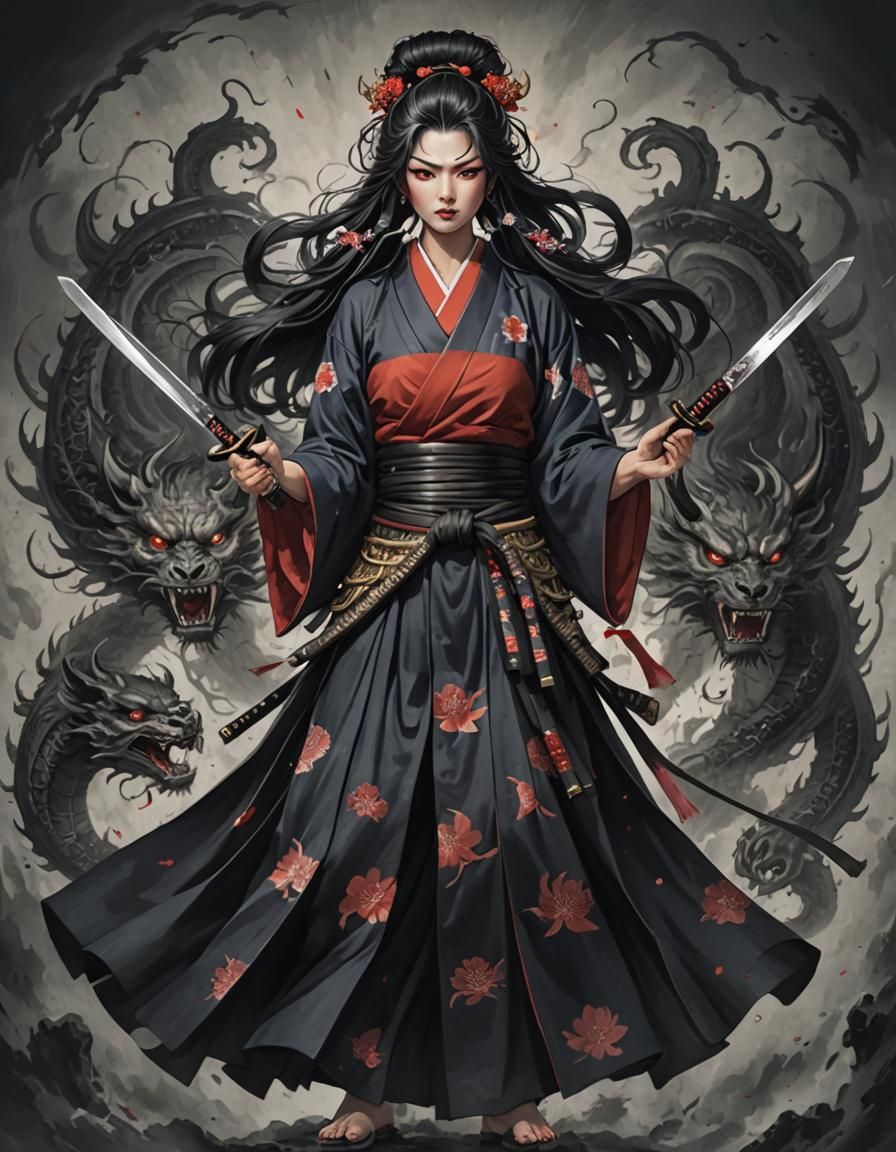 Evil Japanese Goddess of Wrath with Katanas