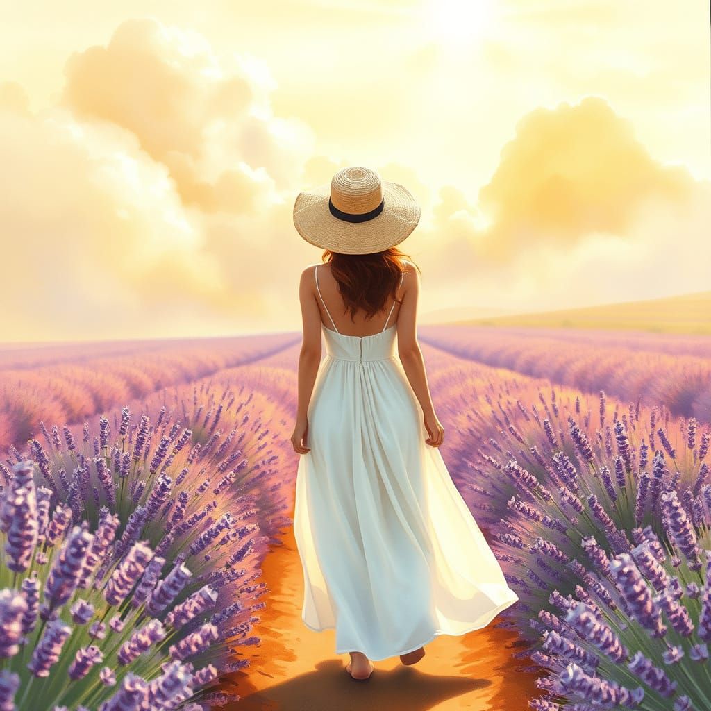 Young Woman in Lavender Fields, Watercolor Style
