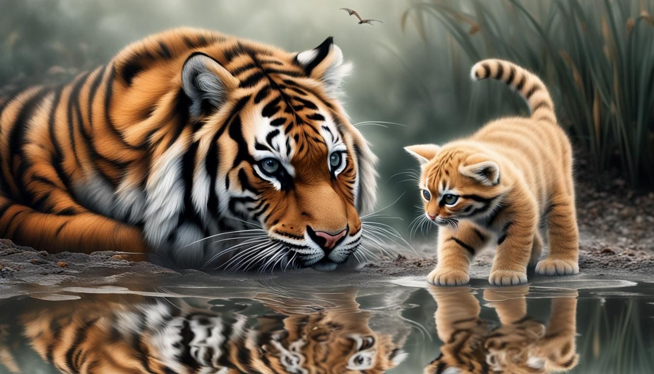 Tiger and kitten looking at their reflections in a puddle.