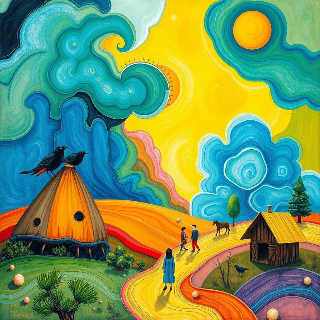 Dreamlike Mental Health Scene in Naive Art Style