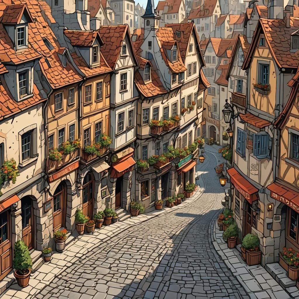 Old European Town Street in Cartoon Style