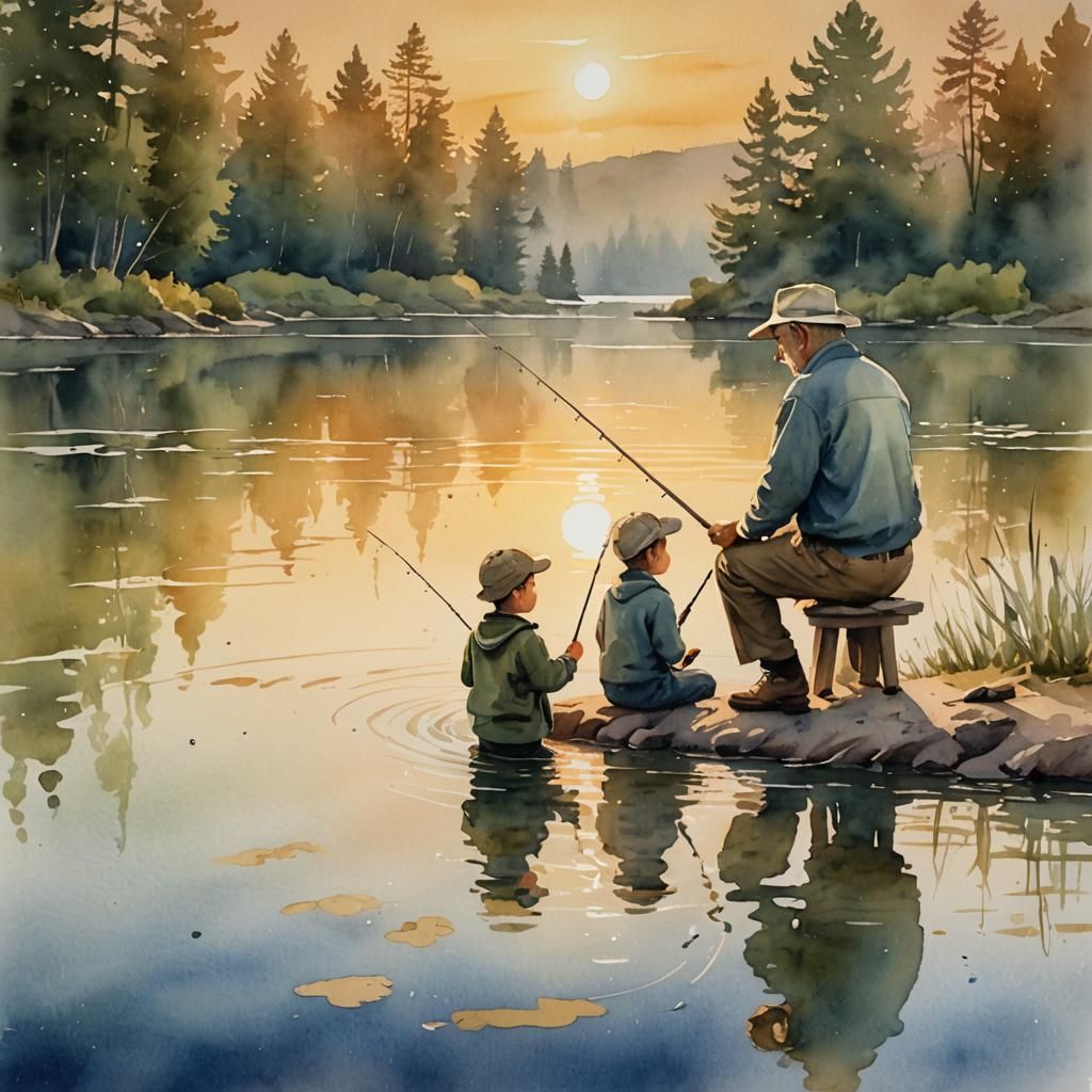 Watercolor Painting of Family Fishing at Sunset