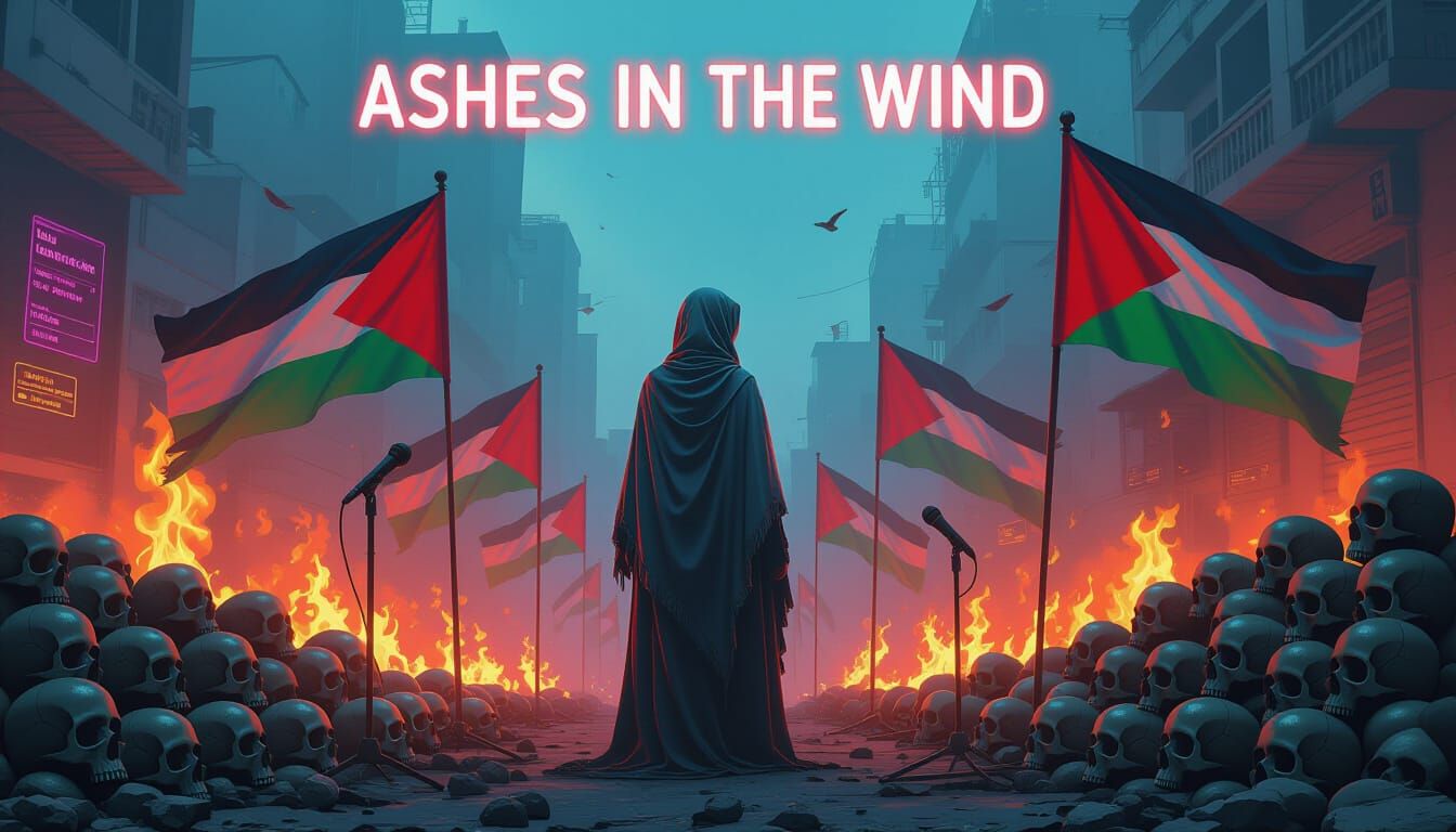 Desperate Woman Amongst Ashes and Flags in Neon Futurism