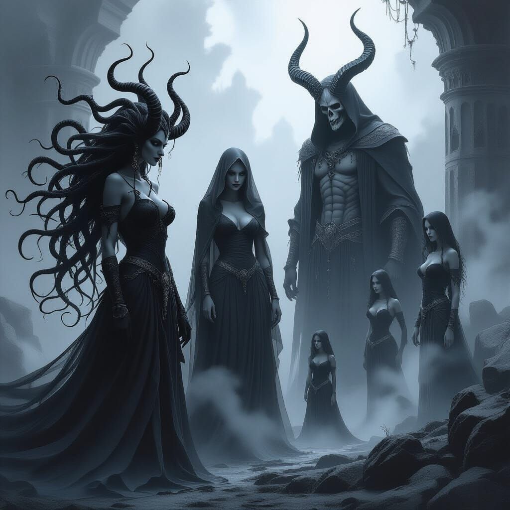 Dark Fantasy Evil Characters in Charcoal Drawing Style