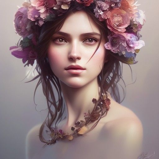 Detailed Flower Girl Portrait in Art Nouveau Style