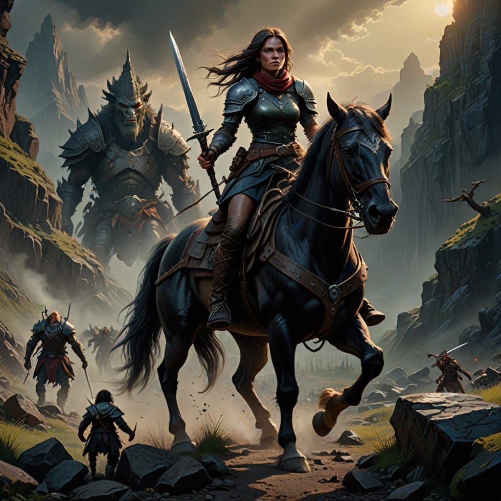 Rogue on Horseback Fights Troll in Dramatic Oil Painting Sty...