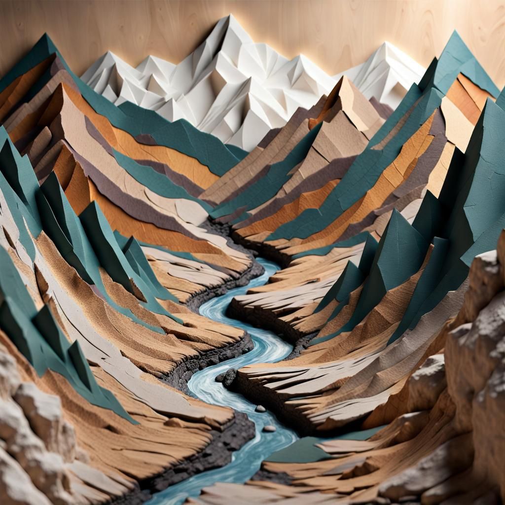 A 3D collage art piece of a mountain landscape
