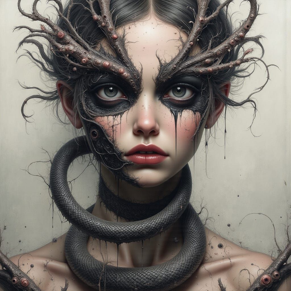 Glitchcore Naga Woman Double Exposure Portrait