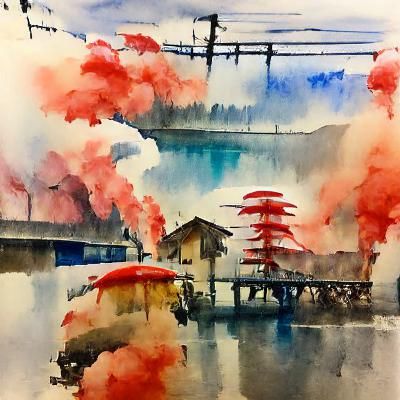 Japanese Landscape in Watercolor Style