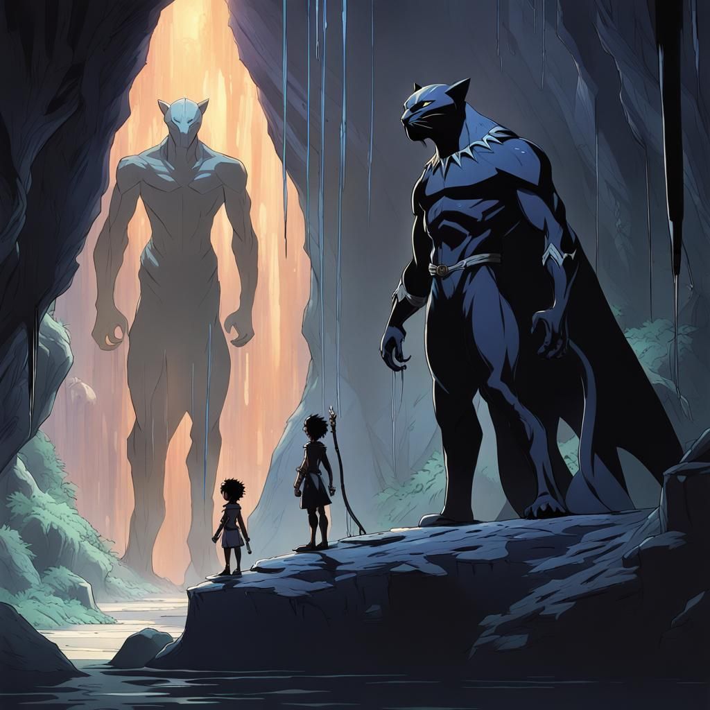 Dark Elf and Panther in Anime Cave Scene