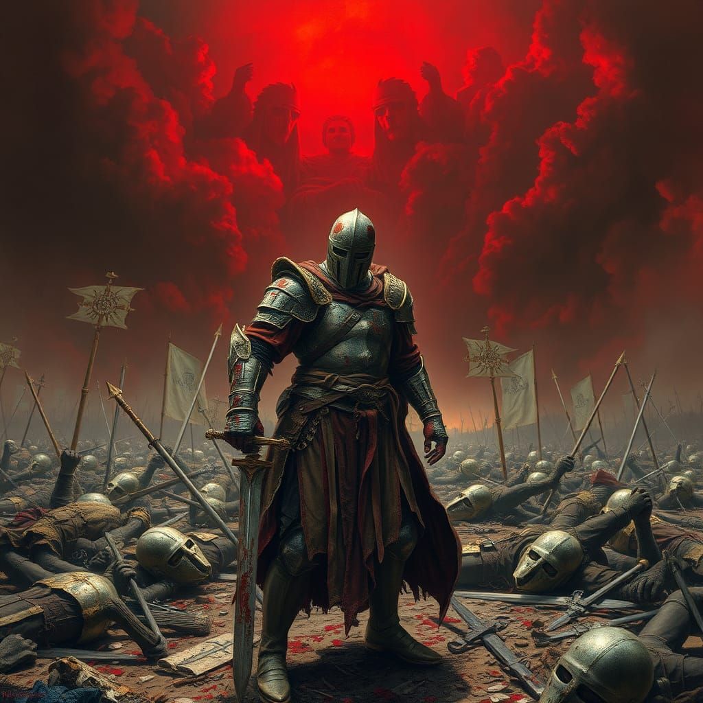 Worn Knight Amidst Battlefield Carnage