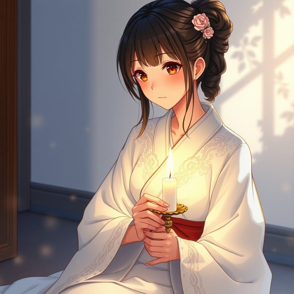 Anime Realistic Young Woman Contemplates by Candlelight