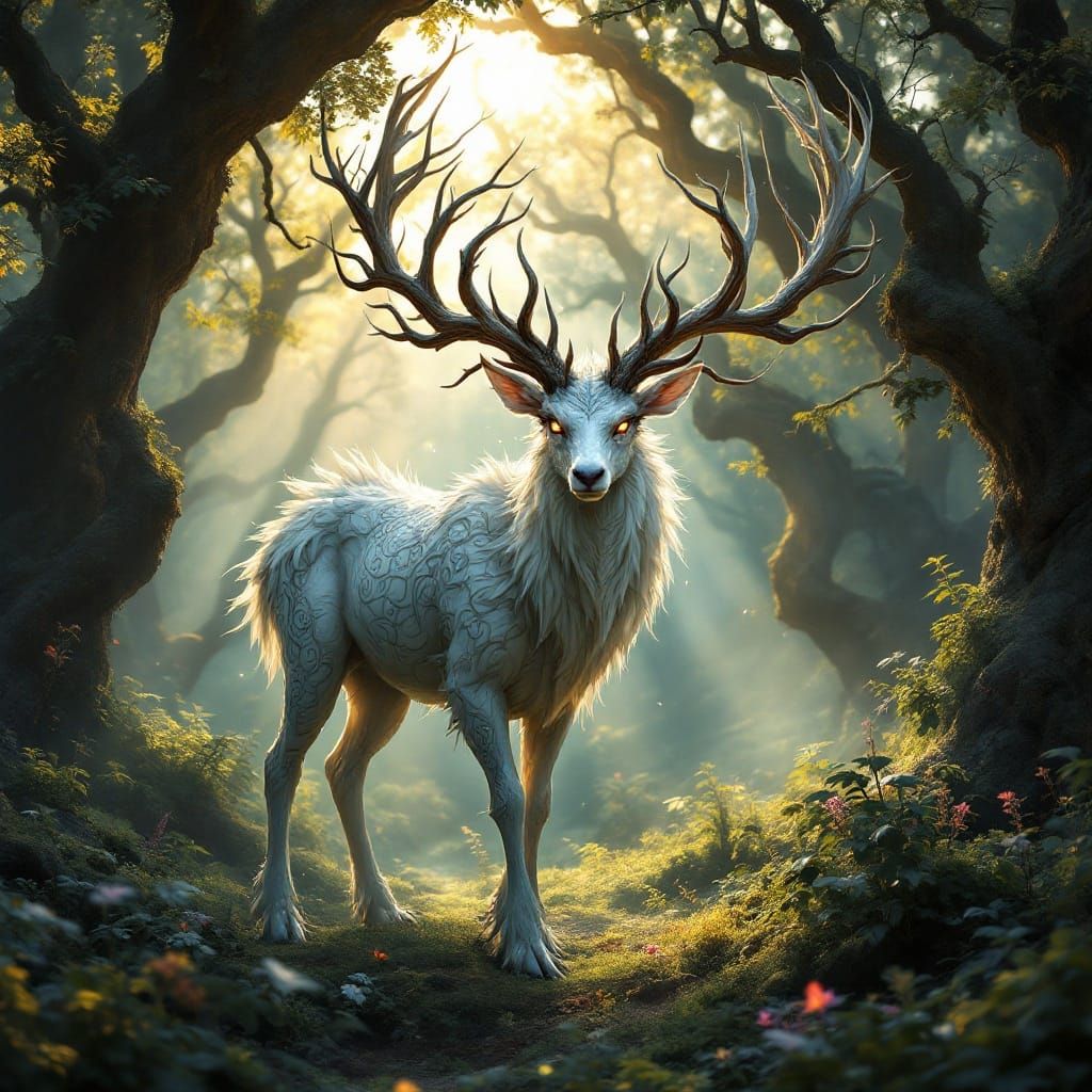 Mystical White Dragon Deer Grazes in Enchanted Woods