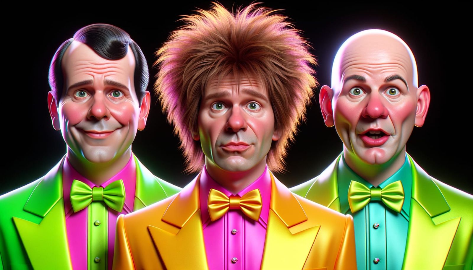 The Three Stooges, Moe, Larry and Curly in Neon Colored Tuxedos