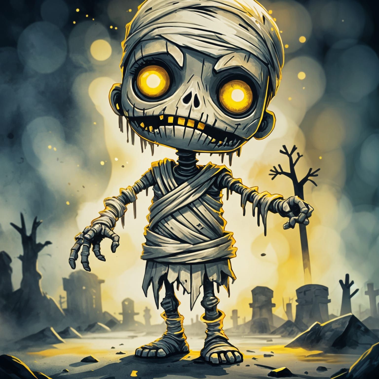 Eerie Chibi Mummy Illustration in Watercolor Style