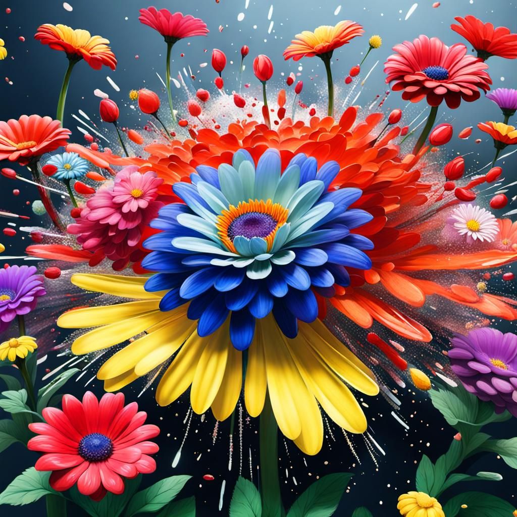 Quirky Explosion of Flowers in Surreal Ambiance