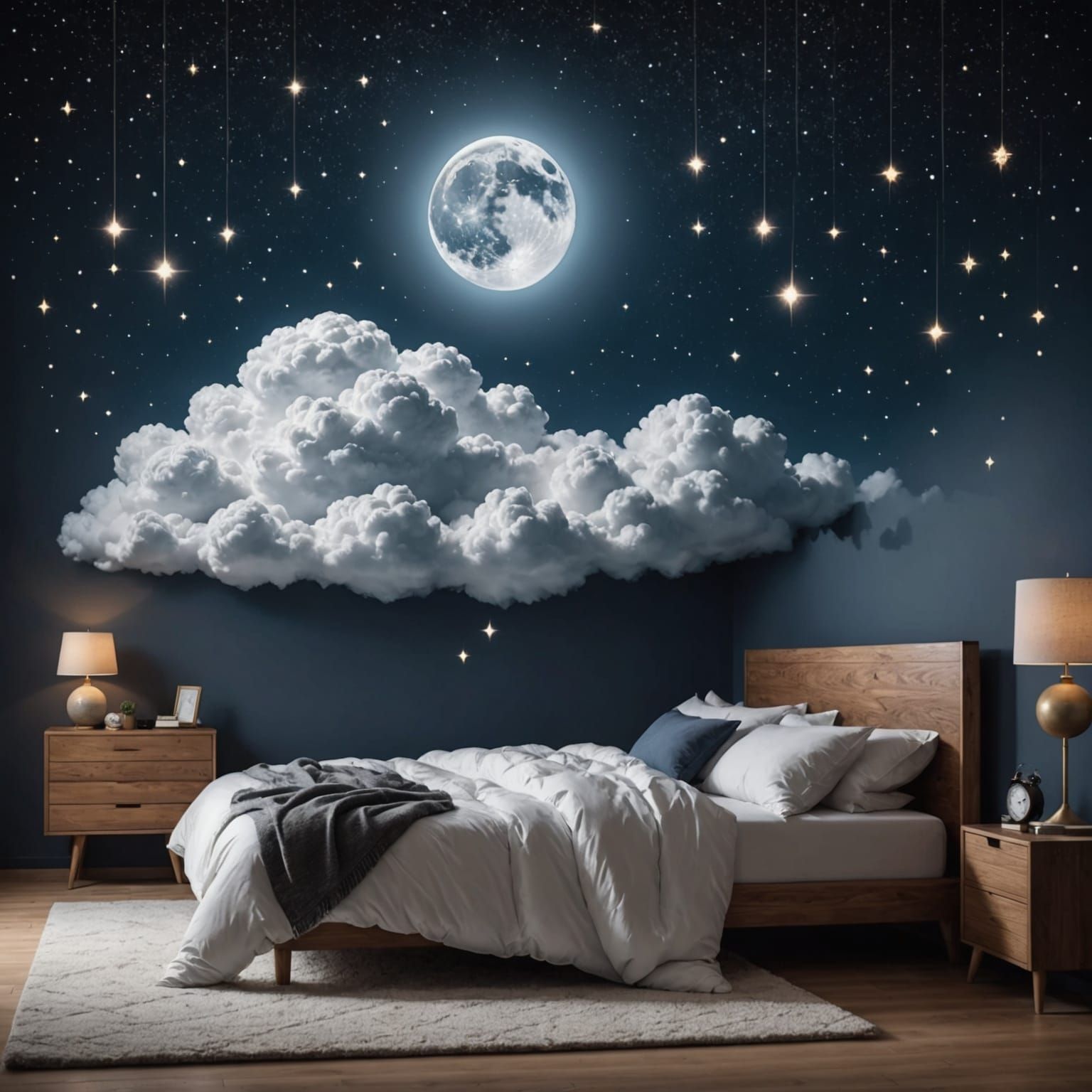 Man Dreams of Stars on Cloud Bed with Moon Pillow