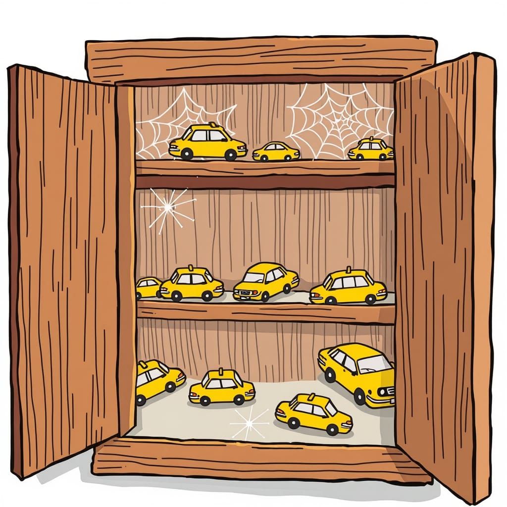 Cartoon Cabinet Overflowing with Yellow Taxicabs