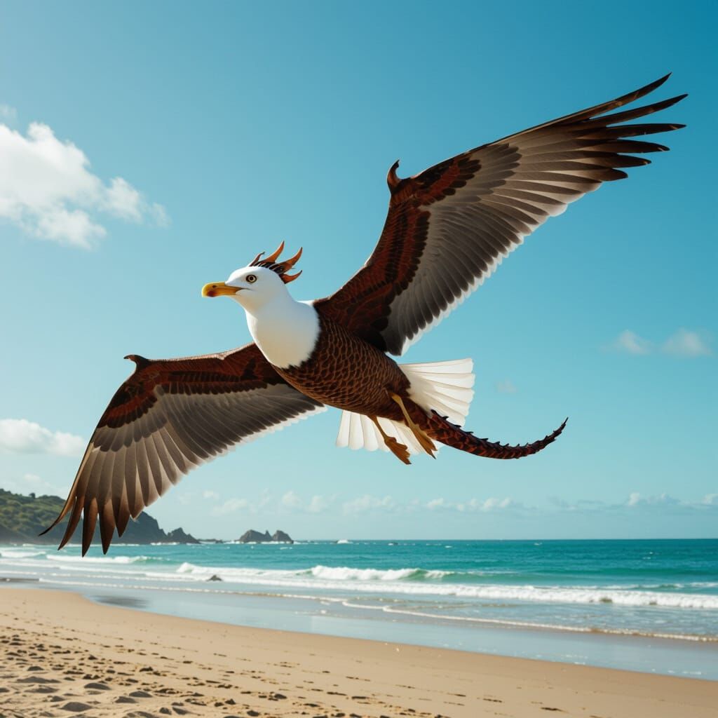 Seagull Dragon Flies Over Beach in Tim Burton Style