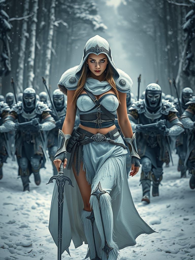 Intimidating Warrior Leading Army Through Winter Forest