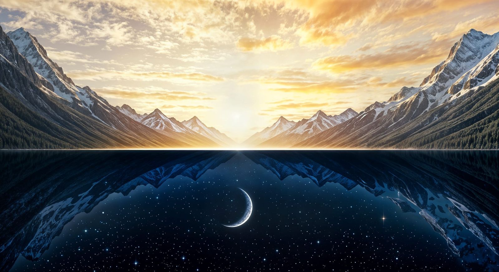 Golden Dawn Meets Starlit Night on Mountain Lake