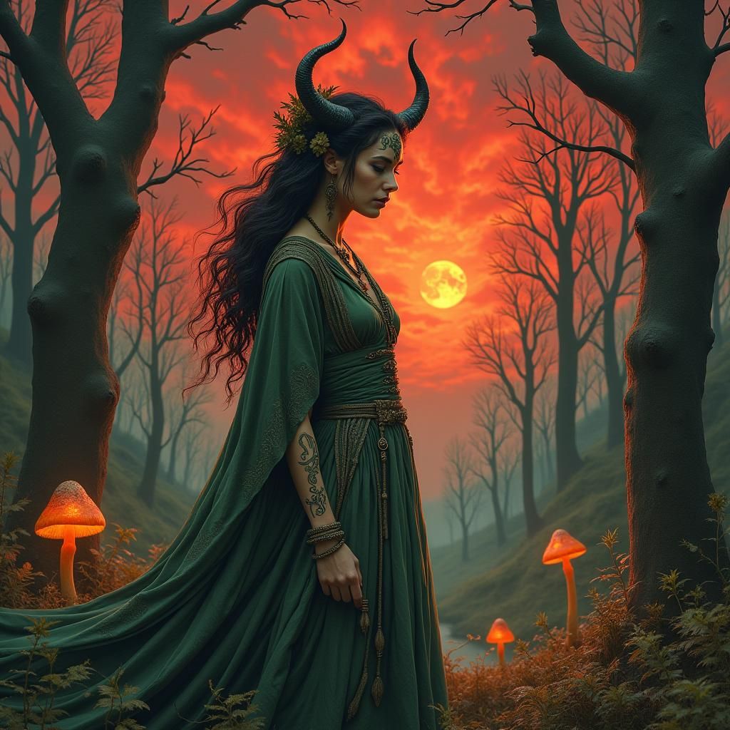 Celtic Woman with Horns in Primeval Forest