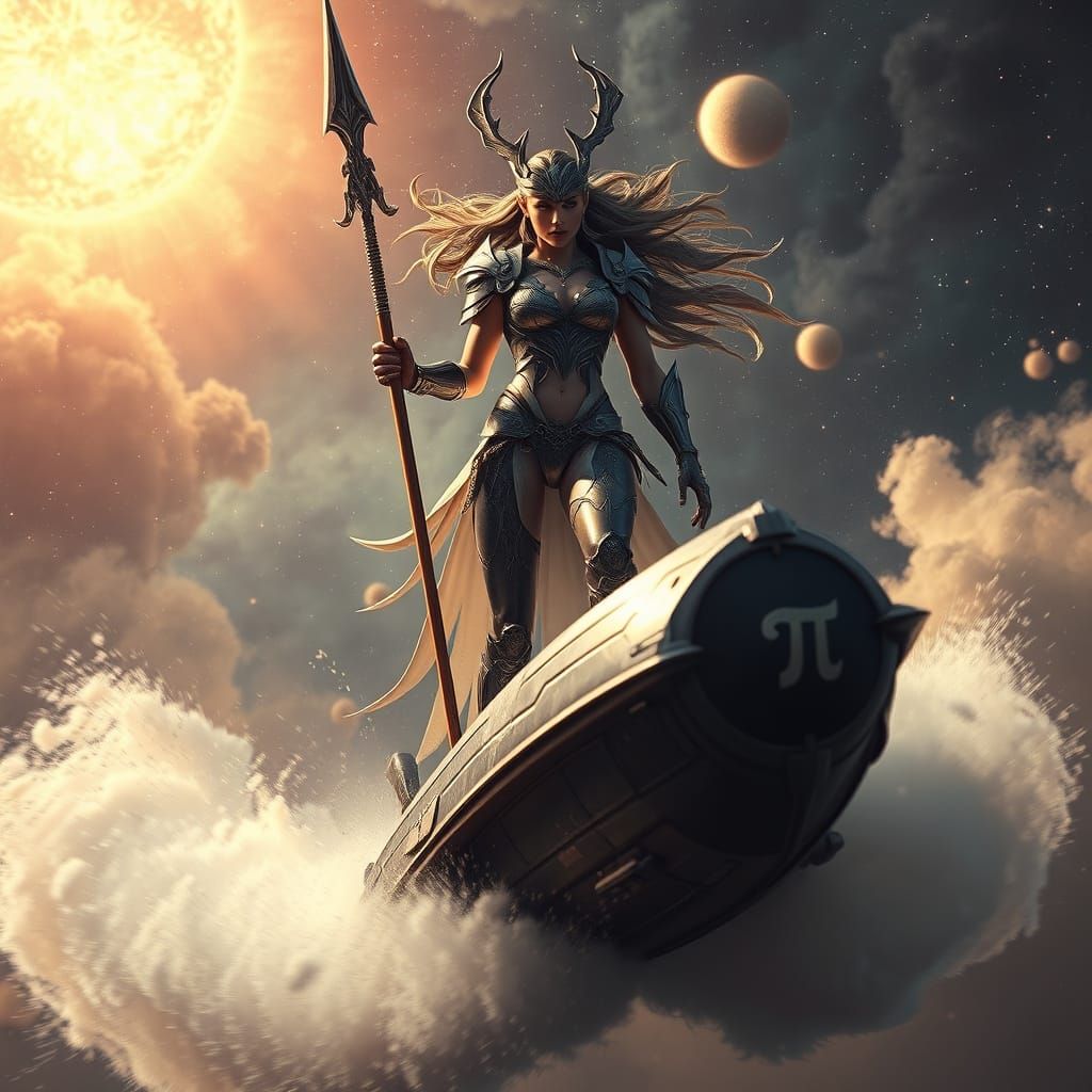 Futuristic Valkyrie on Longship in Nebula, Digital Art