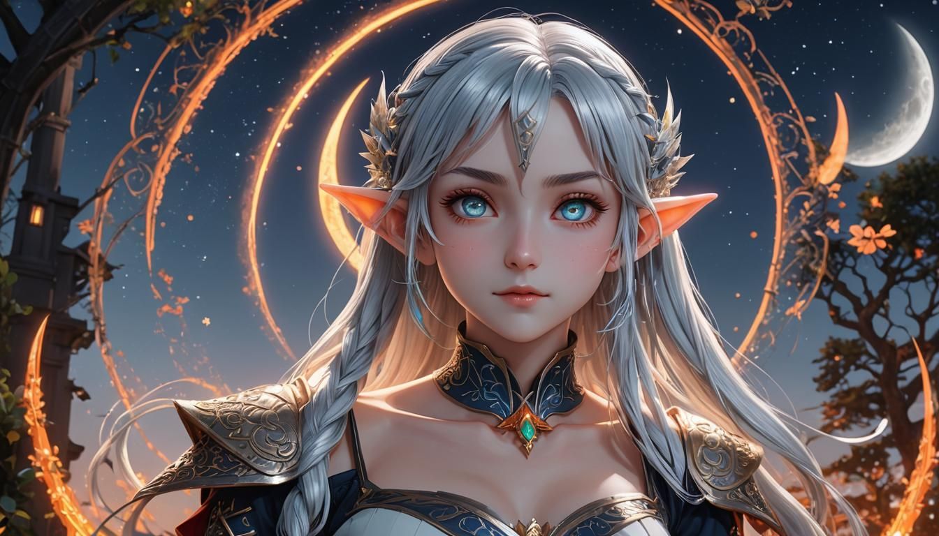 Gorgeous Elf with Silver Hair in Anime Style