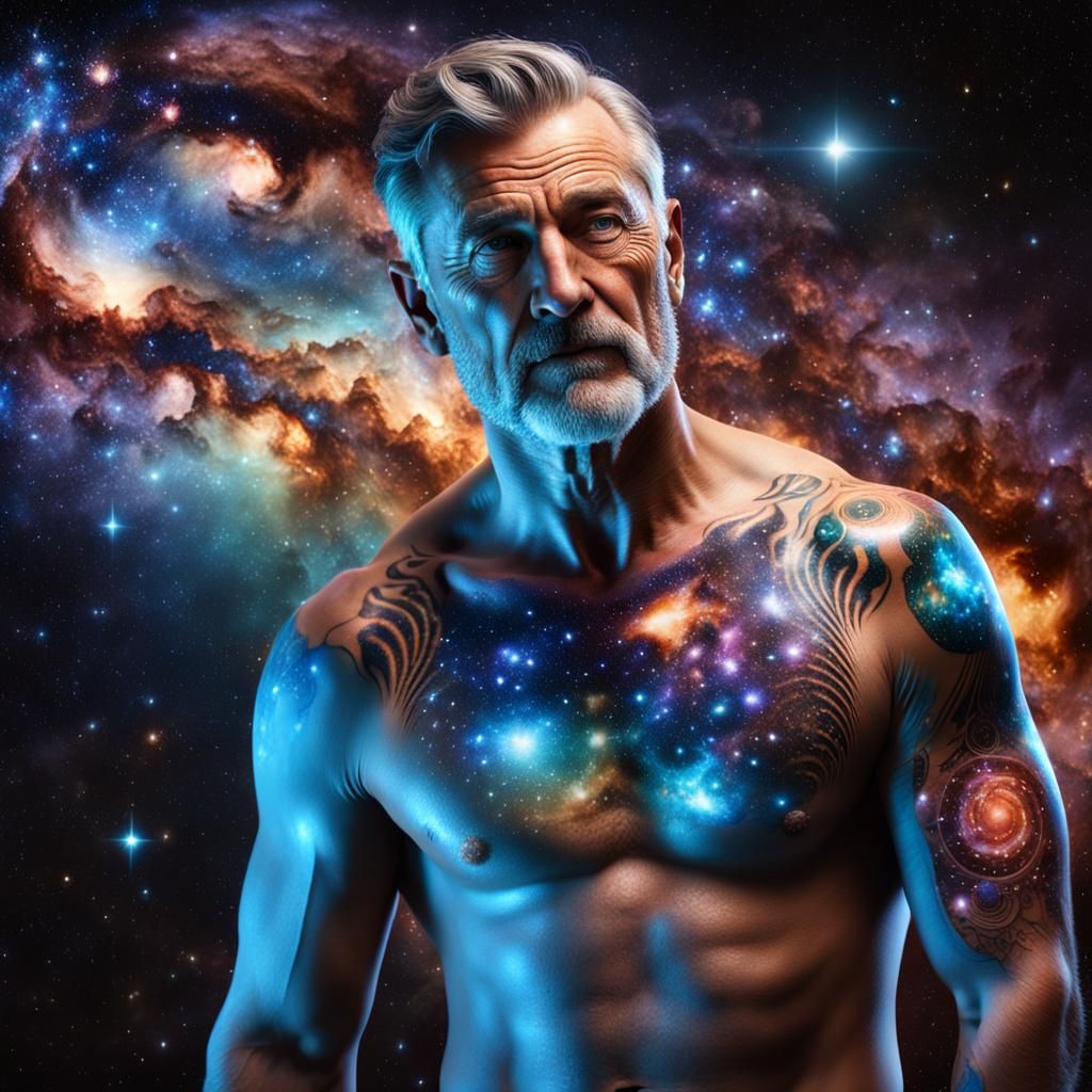 Mature Man with Galaxy Tattoo in Speedos