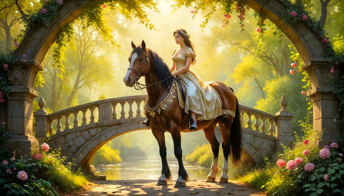 Princess on Clydesdale on Stone Bridge in Sunlit Glade
