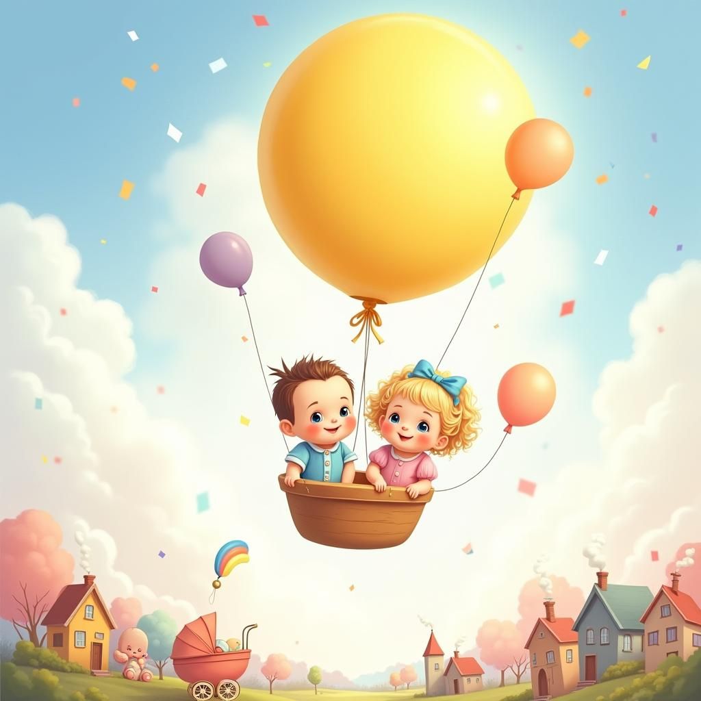 Babies in a Balloon Flight over Whimsical Village