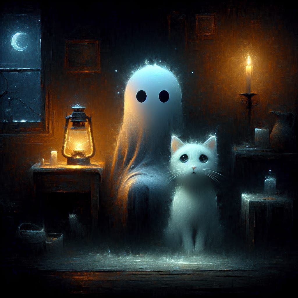 Melancholy Ghost and Cat in Matte Painting Style