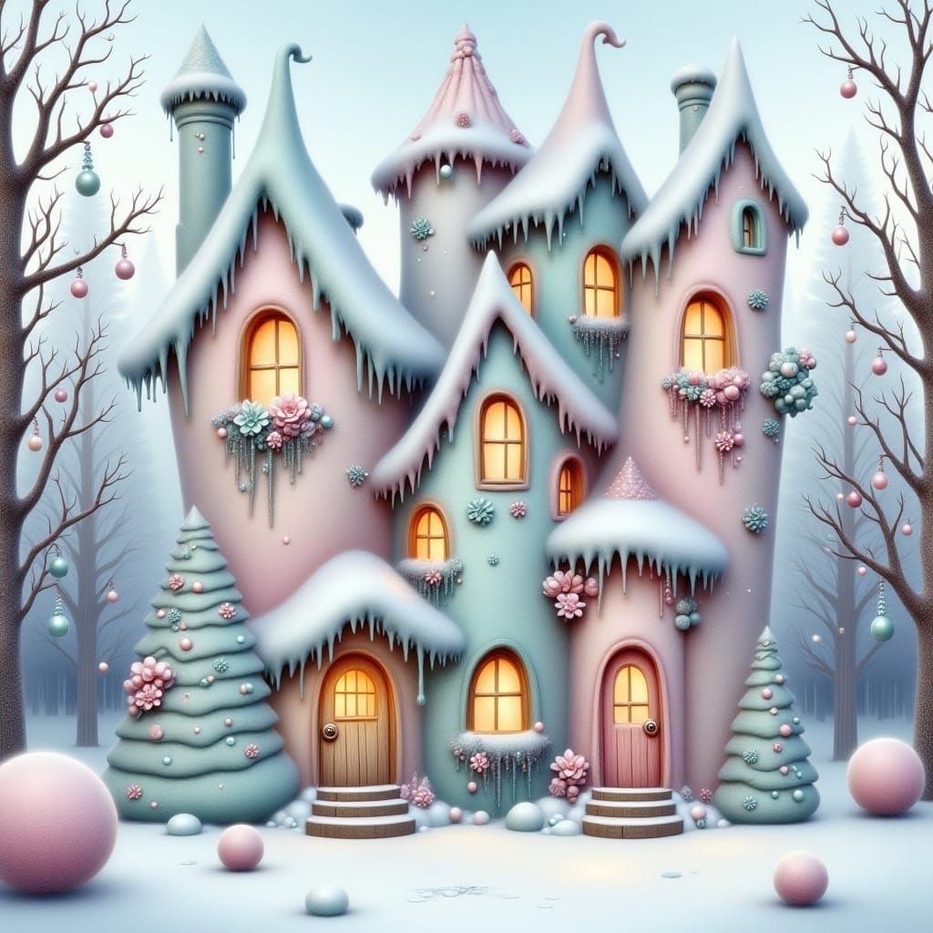 <lora:Scandic Gnomes:1.0>Design a whimsical Dr. Seuss-style house set in a magical winter wonderland.