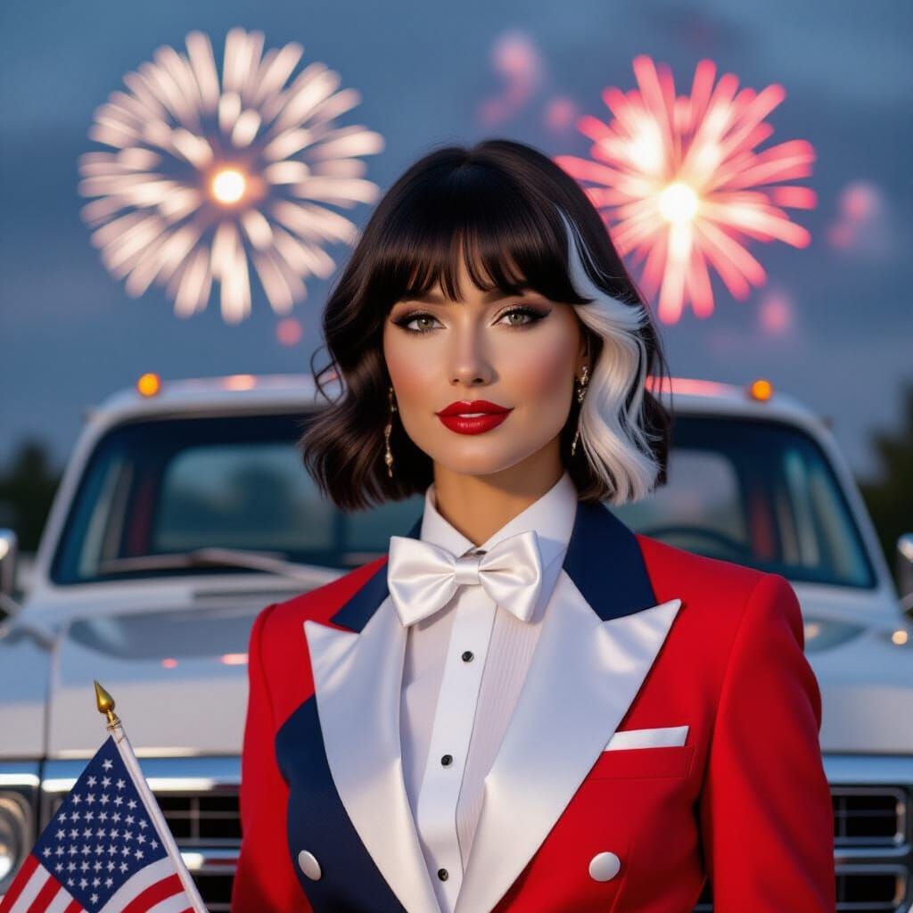 Patriotic Woman Celebrates with Fireworks and Classic Truck