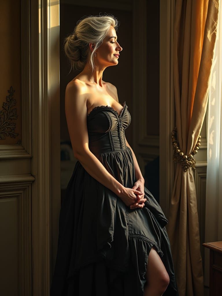 Victorian Widow Emerges from Bedroom Doorway