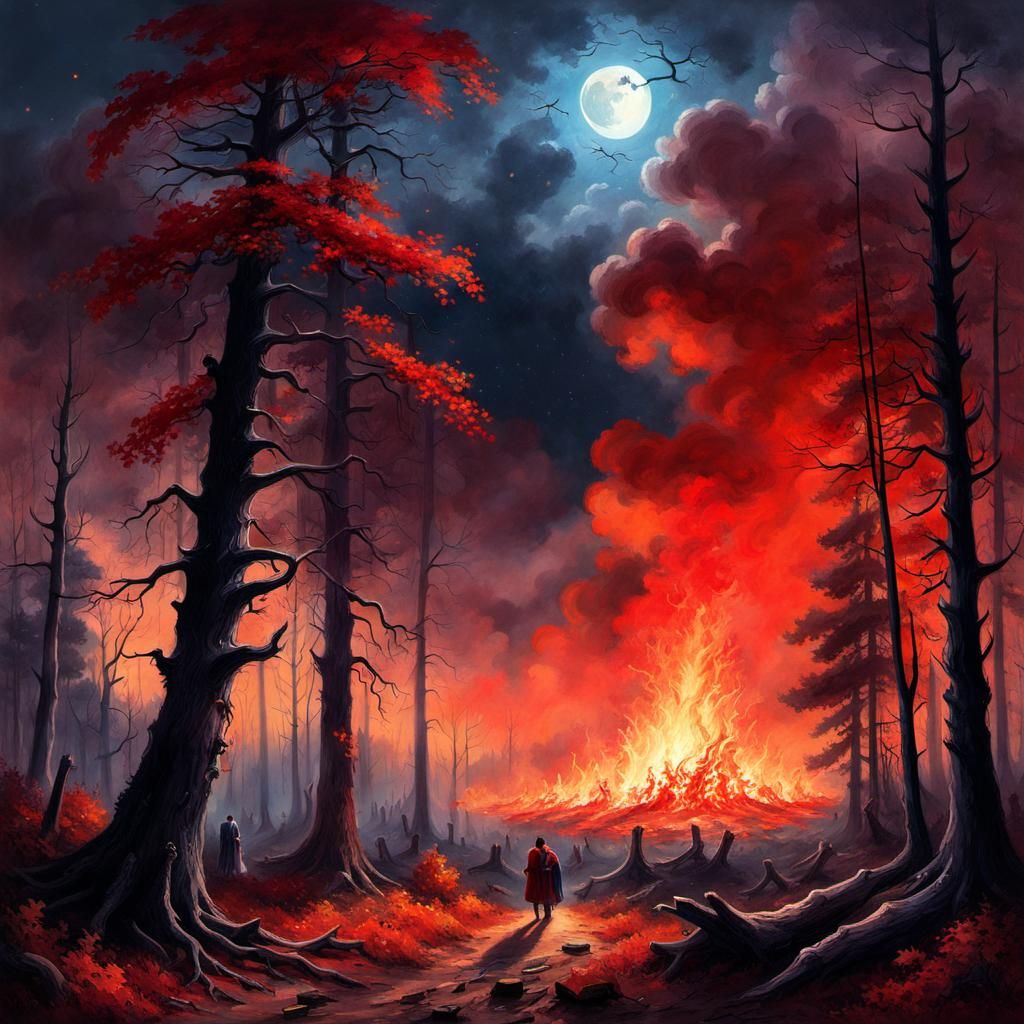 Scary Autumn Forest at Night in Romantic Naturalism