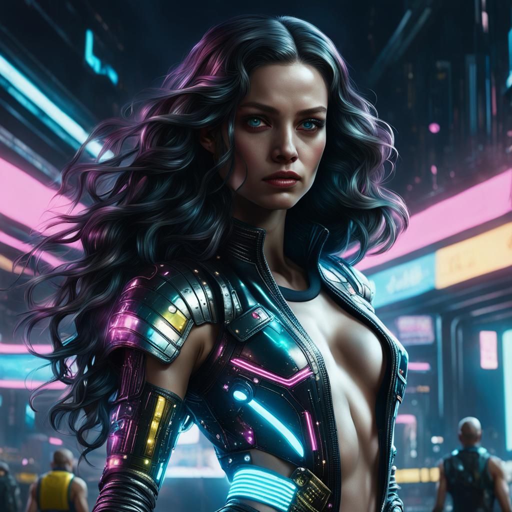 Elegant Woman Among Starships in Cyberpunk Style