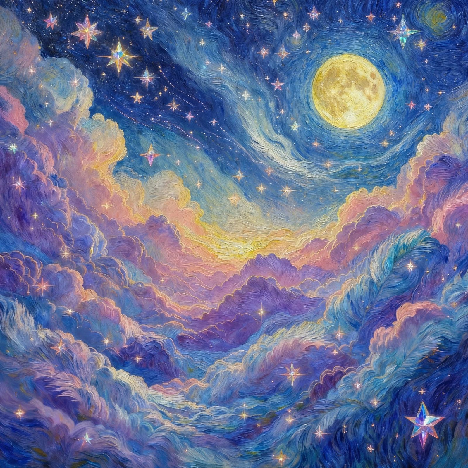 Majestic Night Sky with Crystal Stars in Van Gogh Style
