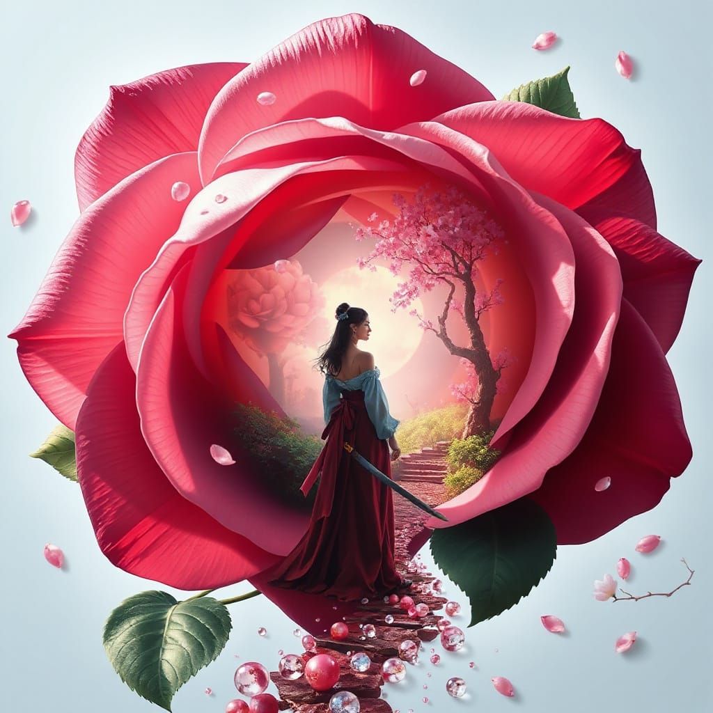 Ethereal Samurai Goddess Walks Zen Garden of Glass Pearls in...