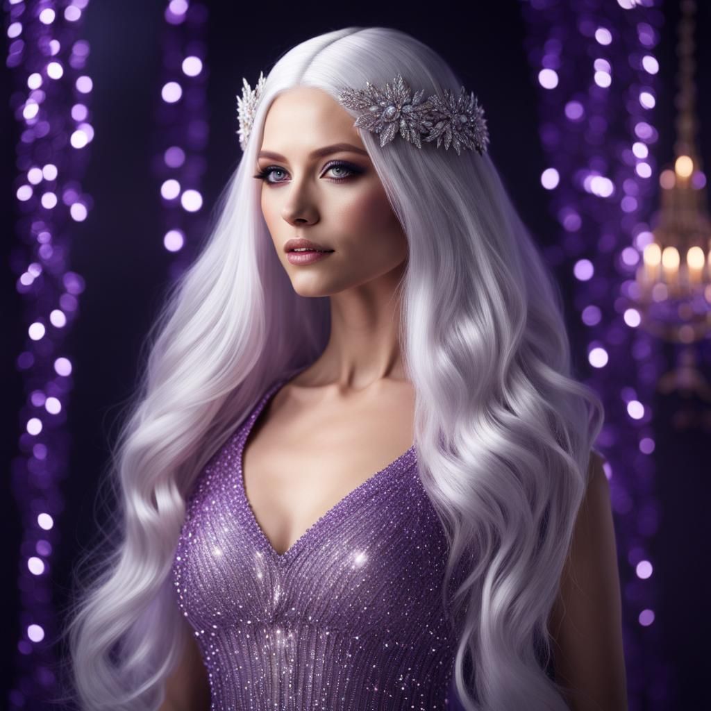 a woman with long shiny white hair, having PURPLE eyes, wearing a long sparkle dress that is see-through, with a beautif...