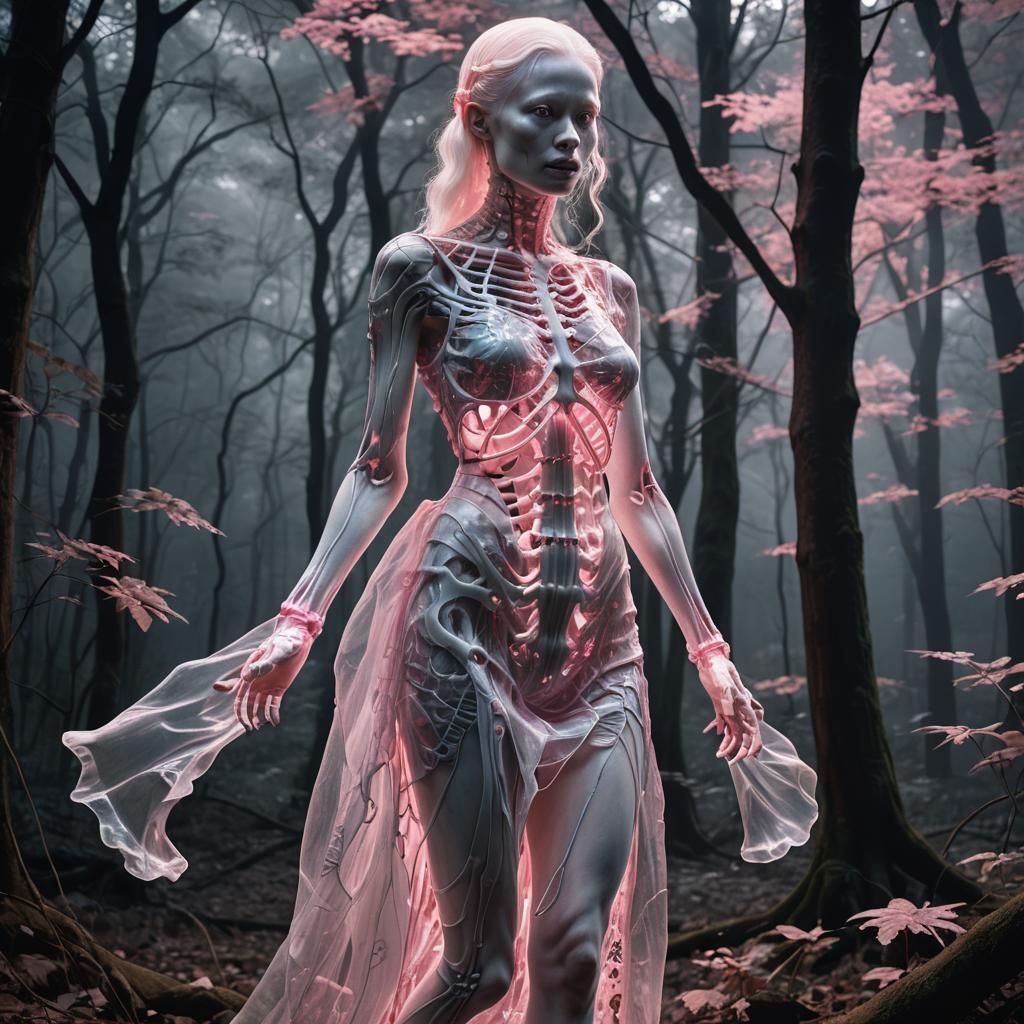 Albino Woman with Neon Skeleton in Misty Woods
