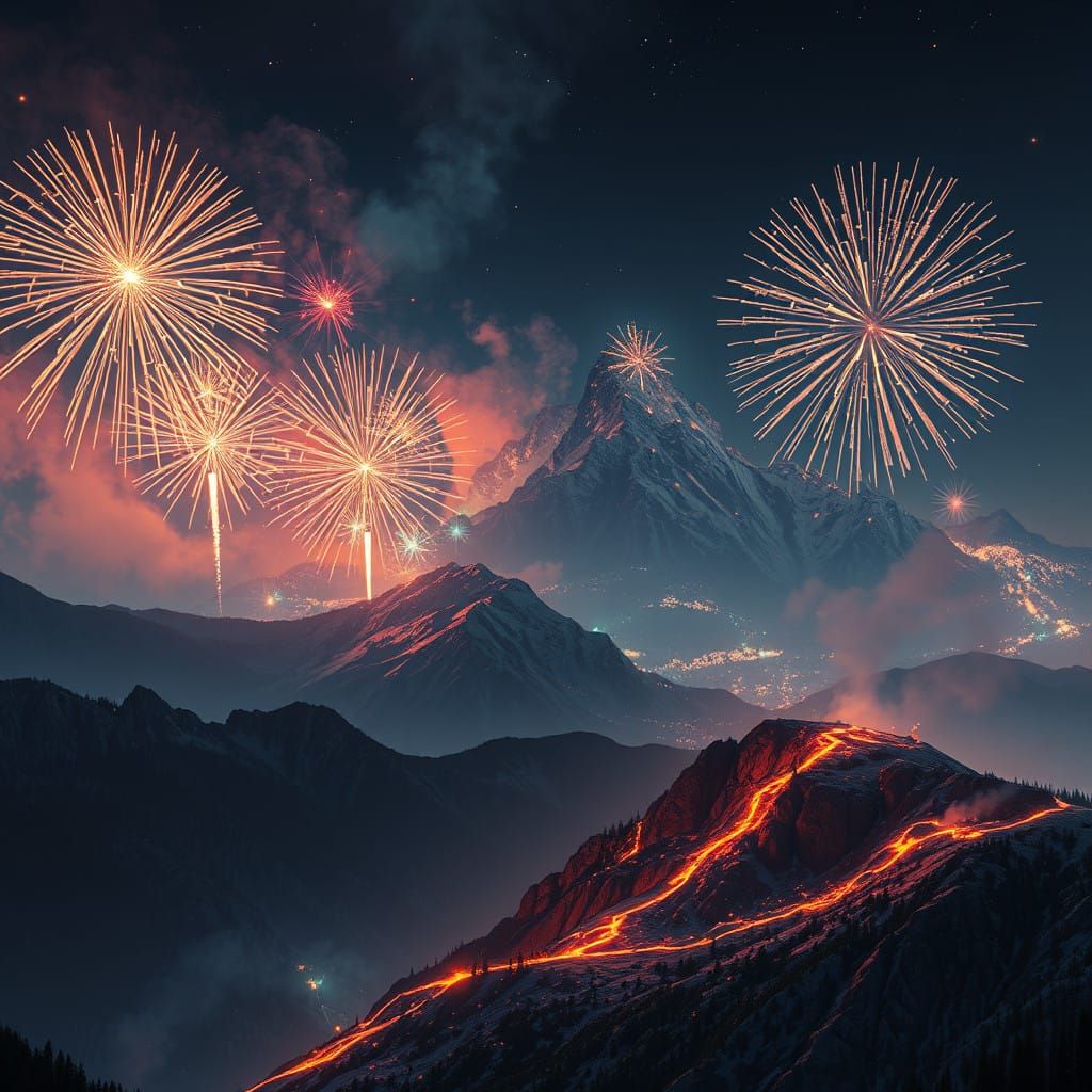 Vibrant 2025 Fireworks Display on a Mountain Peak