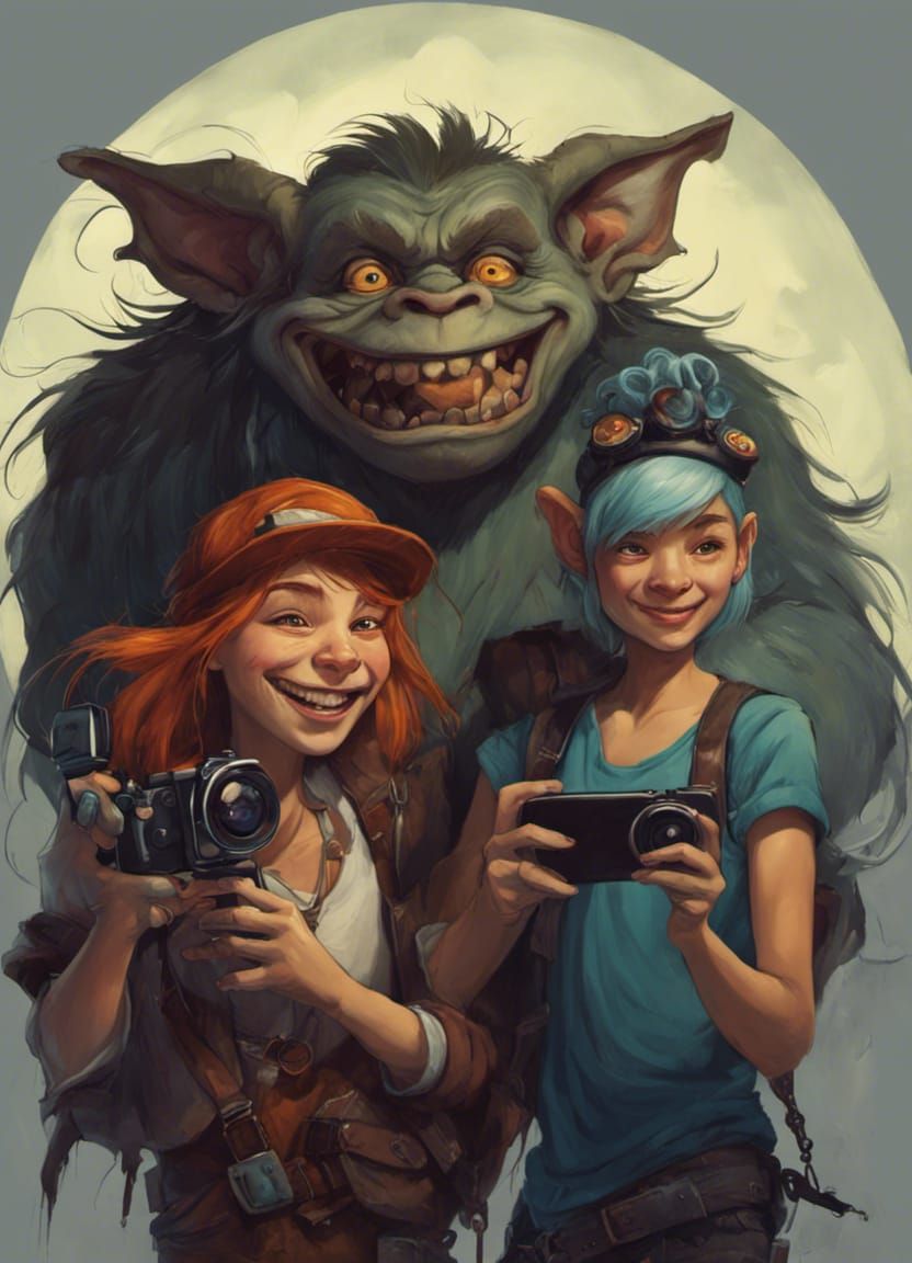 Teenager Selfie with Cranky Troll in Fantasy Style