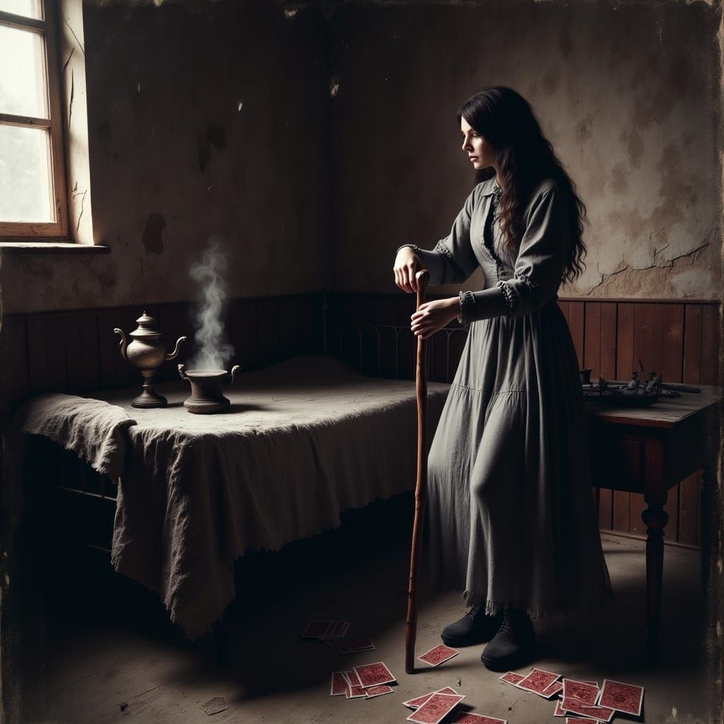 An Emotive Young Russian Woman in a Humble 19th-Century Cham...